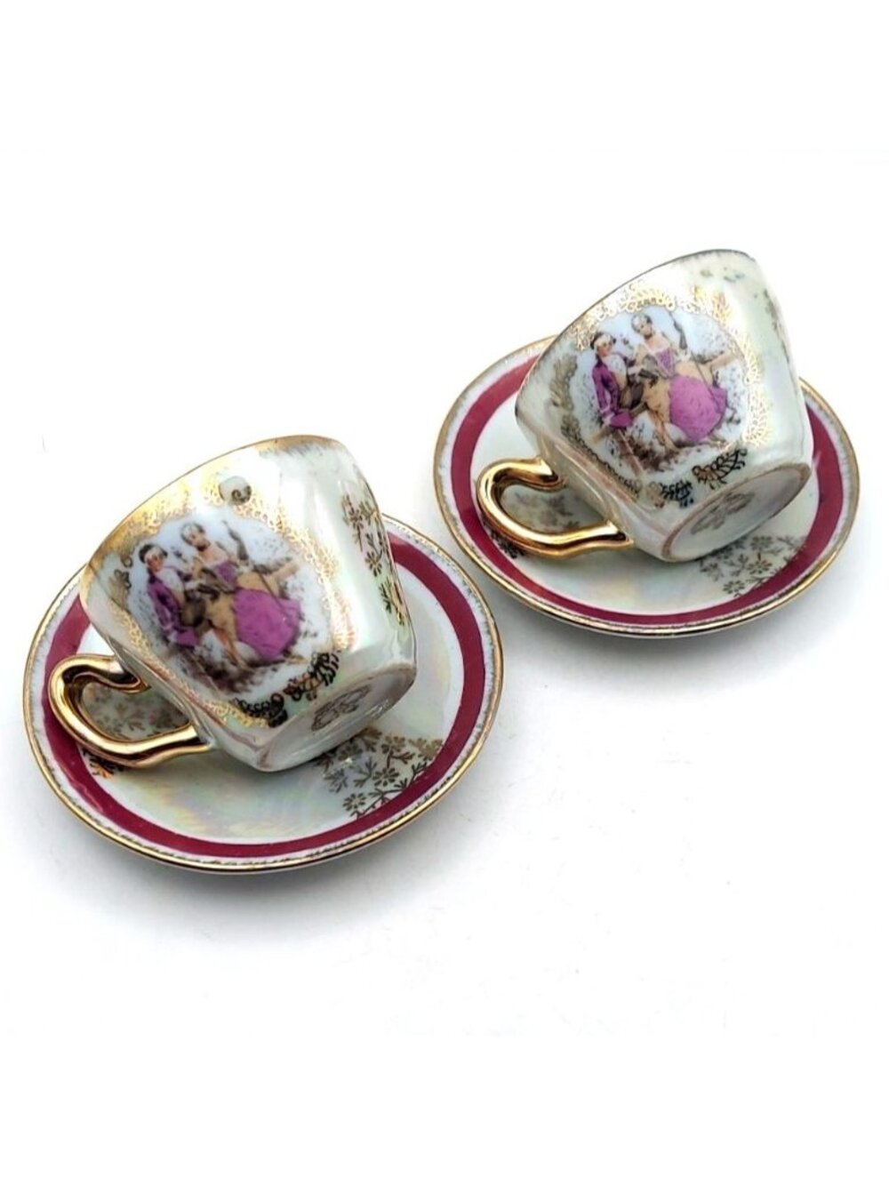 Vintage Pair Royal Crown Lusterware Iridescent Demitasse Teacups & Saucers Japan